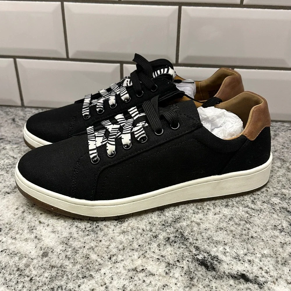 Aetrex Women 9-9.5 Renee Sneaker Black Canvas Zebra Laces Arch Support PC230W